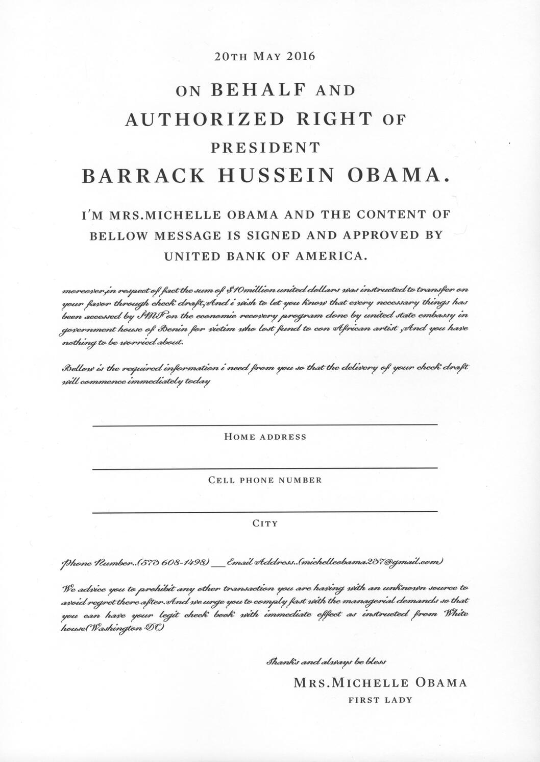 Letter from Michelle Obama237 (detail) Spam Email, Framed, 31 x 36 cm, 2016