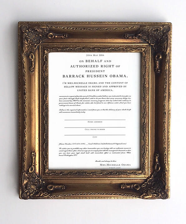 Letter from Michelle Obama237 Spam Email, Framed, 31 x 36 cm, 2016